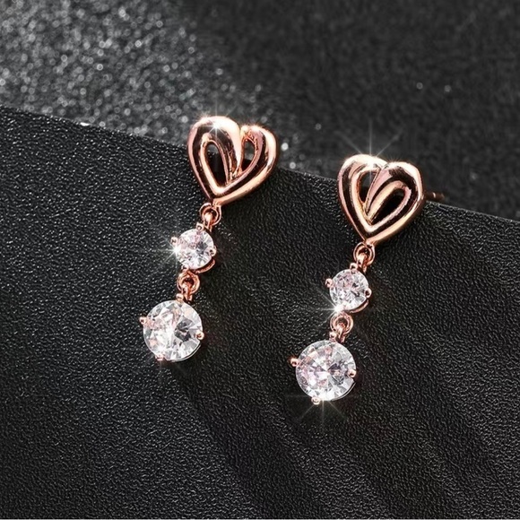 Heart Rose Gold  Crystal Drop Earrings - Picture 3 of 9